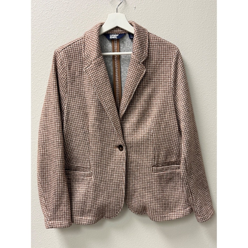 Lands'‎ End Womens Houndstooth Blazer Brown Career Jacket Classic Chic